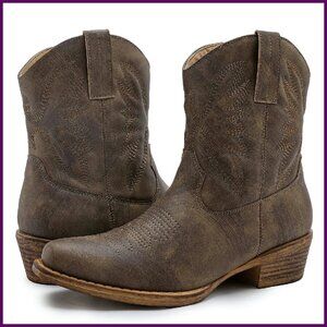 Mid Calf Western Cowboy Boots Low Heel Vegan Synthetic Square Toe